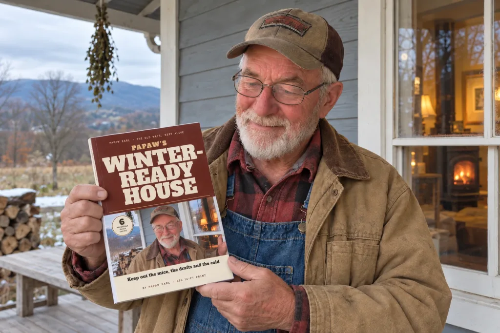 Papaw Earl on his porch holding a printed copy of the Winter-Ready House guide